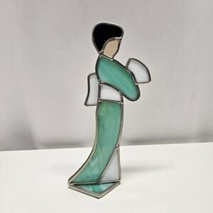 Vtg Stained Glass Geisha Japanese Stain Glass Figure Standing Fan Glasglo Brand